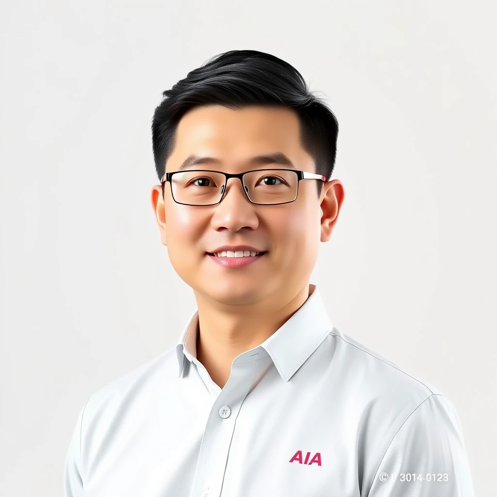 Generate a 3D photo of a Chinese male insurance agent from AIA, 40 years old, posing for his portrait photo. - Image