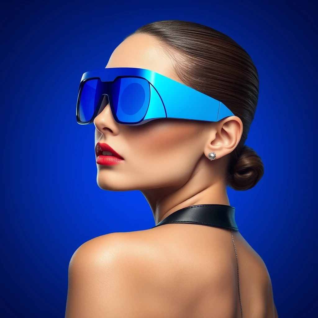 hyper realistic fashion portrait of beautiful woman wearing blue futuristic sunglasses, metallic design with circle on the lens, background is royal blue gradient, hair in low bun, sleek and straight back style, sleek shiny black leather outfit, sleek modern earrings, sleek high ponytail hairstyle, high resolution photography, hyper-realistic