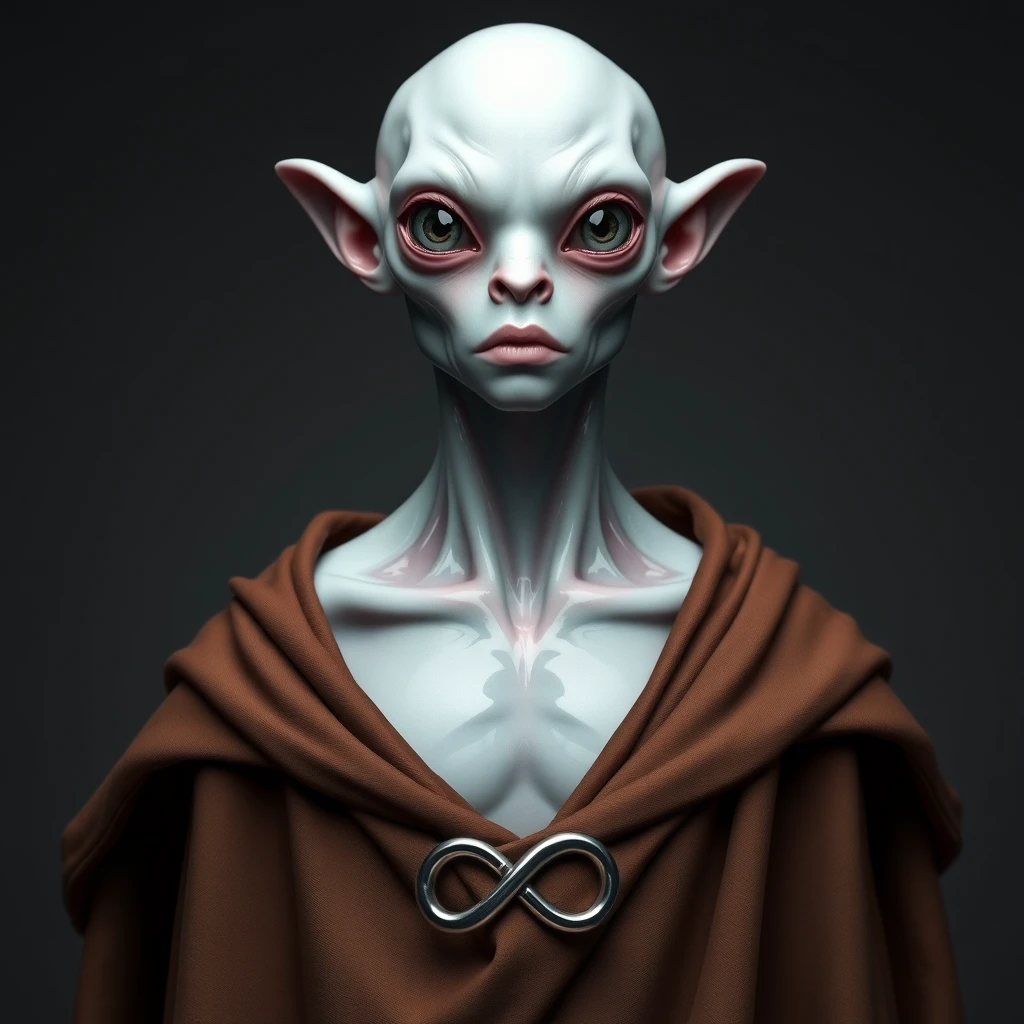 A smooth, silvery-skinned changeling with liquid flesh, wearing a brown mantle bearing an infinity sign insignia on the chest. Its eyes are chrome and pupil-less, with no mouth or nose, and its skin is reflective. - Image