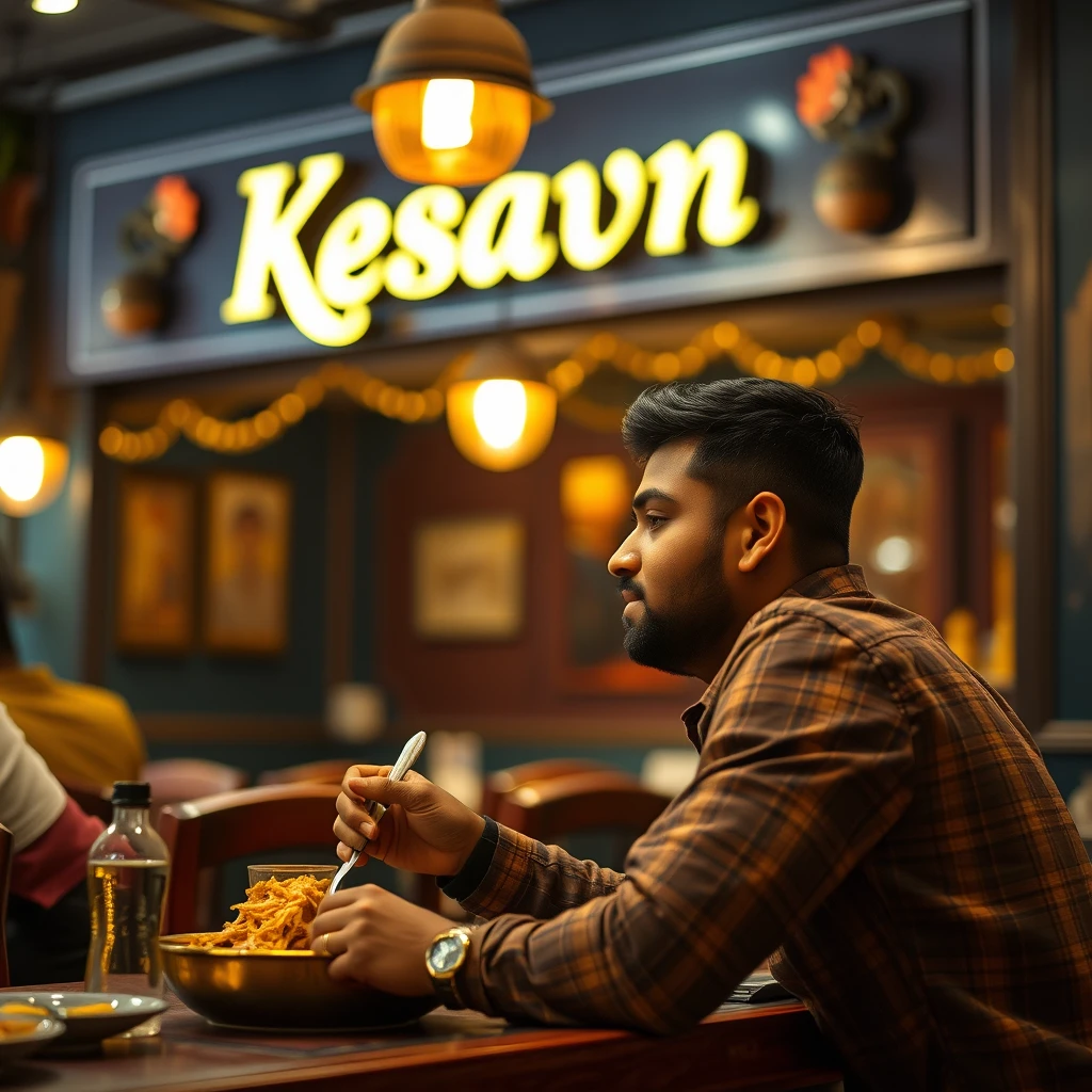 An Indian guy eating at a traditional aesthetic Chattinadu interior Indian restaurant with signage written "Kesavan", bokeh, golden hour, dark blue and maroon theme color.