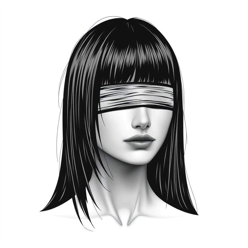 Blind Justice female face, side face, Straight hair, black and white color - Image