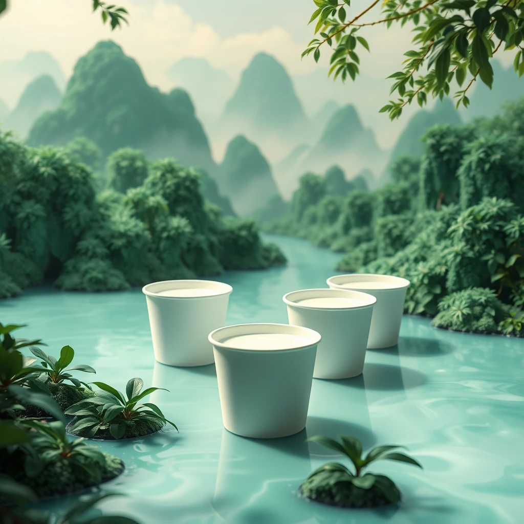 Paper cups surrounded by emerald landscapes, milky white transparent water, Chinese three-dimensional landscape painting, Chinese Song Dynasty landscape painting, blue theme, surrealist dream style, cream organic fluid, light tracing, foreground occlusion, natural light, jungle, c4d, OC rendering, product photography. - Image