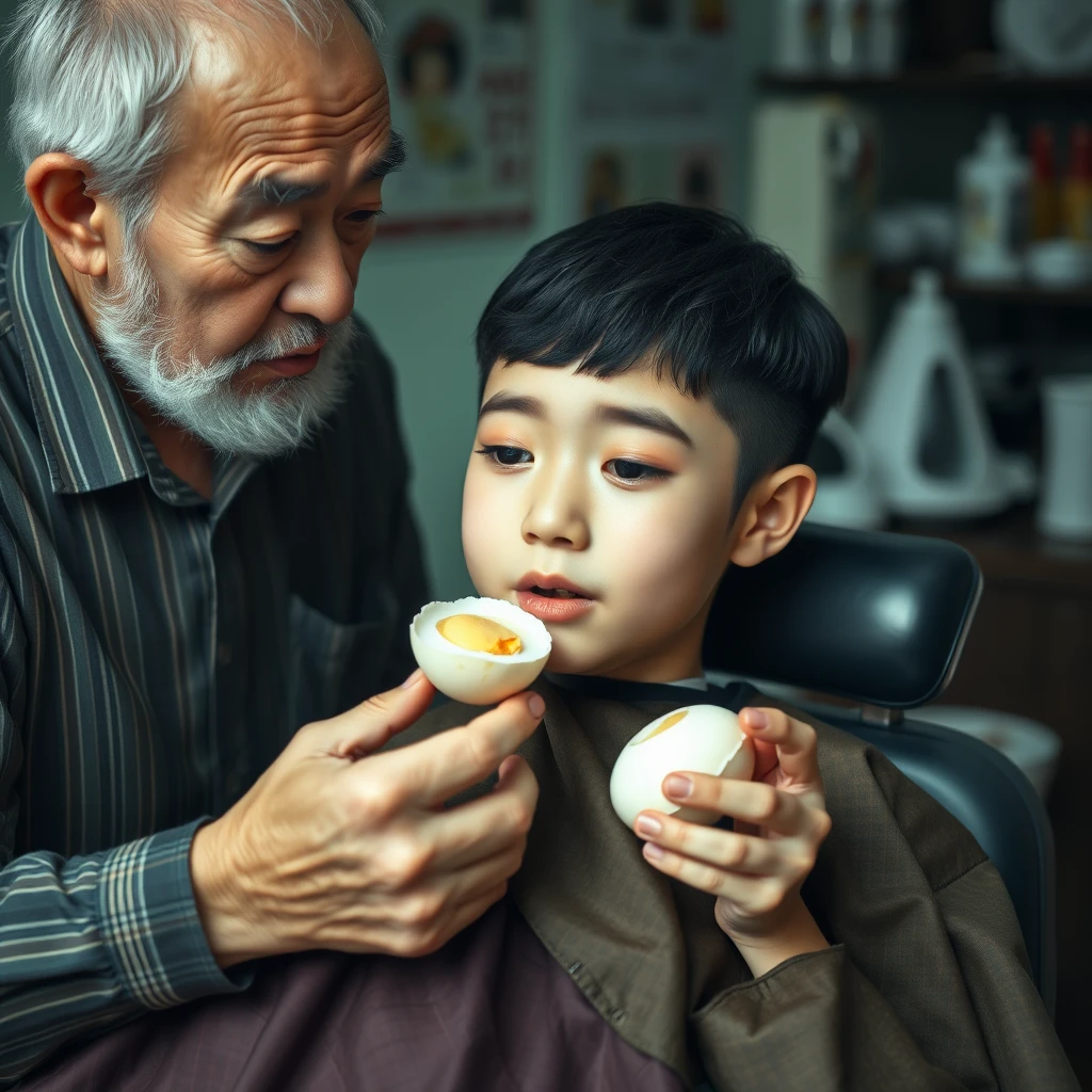 A portrait, facial shot of an elderly barber feeding a 12-year-old Korean boy with a feminine appearance in makeup, who is lying on a barber chair with a peeled boiled egg.