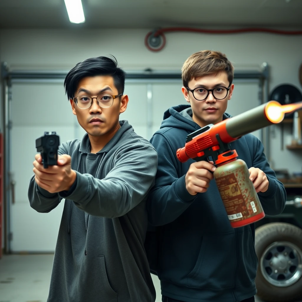 Two-person setting: "A 21-year-old Northern Chinese man with a thin, long face, wearing square glasses and mid/long black mullet hair, holding a pistol" and "A 21-year-old young Italian man with a white complexion, wearing round glasses and short hair, holding a very large fire extinguisher flamethrower," in a garage setting, both angry.