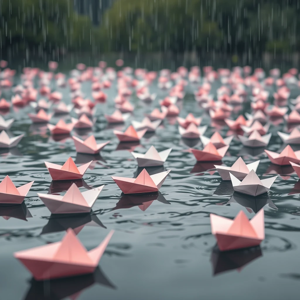 Many paper boats drifting on the water, it is raining.