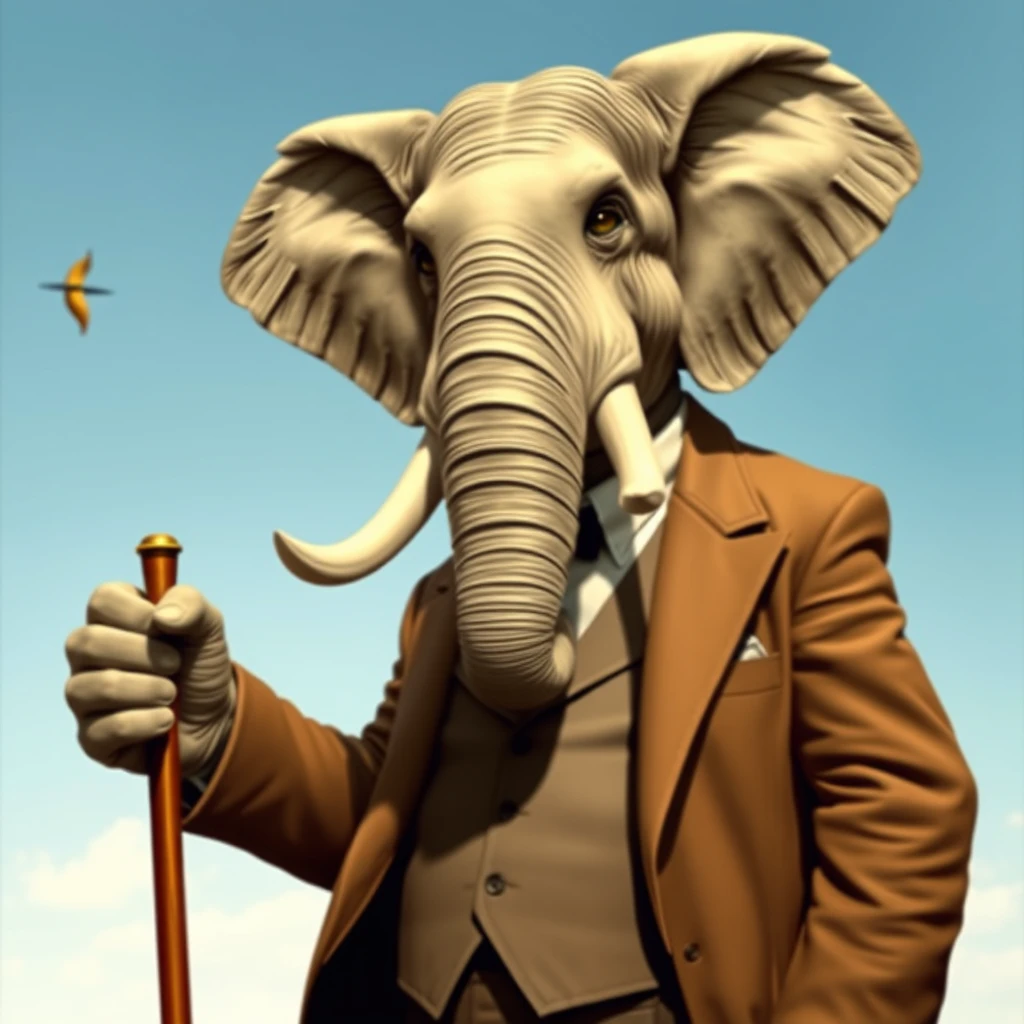 A large elephant man in a suit holding a cane.