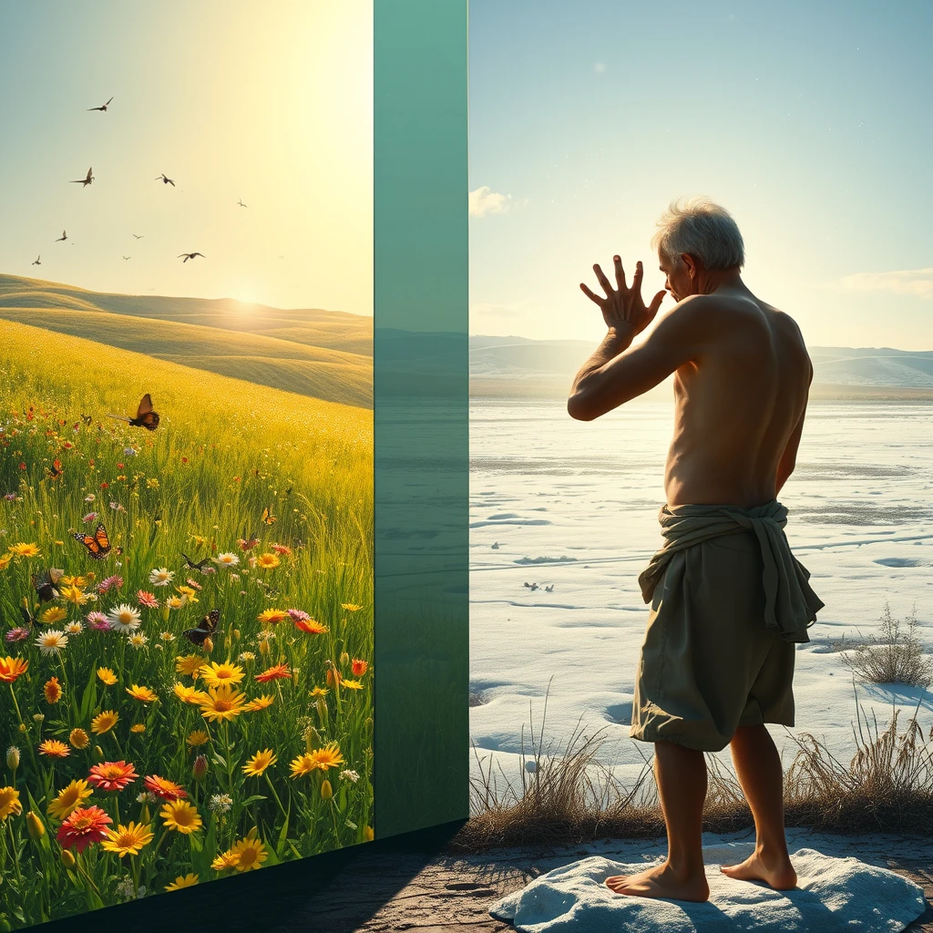 Background and Separation:
A large transparent glass divides the scene into two parts.

Left part (Bright World):
Colors: Dominated by green, yellow, and gold, creating a vibrant spring atmosphere.
Elements: A lush prairie with clusters of flowers, colorful butterflies and bees fluttering about. In the distance, rolling hills and a light blue sky, with a few white clouds leisurely drifting. Golden sunlight illuminates the earth.

Right part (Dark World):
Colors: Primarily gray and white, creating a cold, dim winter atmosphere.
Elements: A depiction of an icy wasteland, with snowflakes dancing in the air and the ground covered in thick snow. A frail middle-aged man stands facing the bright world in the right side of the dark world, dressed in thin clothing, his stature weak. He is vigorously pounding on the glass in the middle with his arms. He gazes longingly at the sunlight on the opposite side, revealing a yearning for brightness and despair.

Details and Atmosphere:
Light and Shadow Contrast: Enhance the contrast between the two worlds to make the scene more vivid and powerful.
Atmosphere Creation: Through the comprehensive use of color, light and shadow, and elements, create a breathtaking visual effect that allows the audience to feel the human desire for beauty and the helplessness and sorrow when facing adversity.