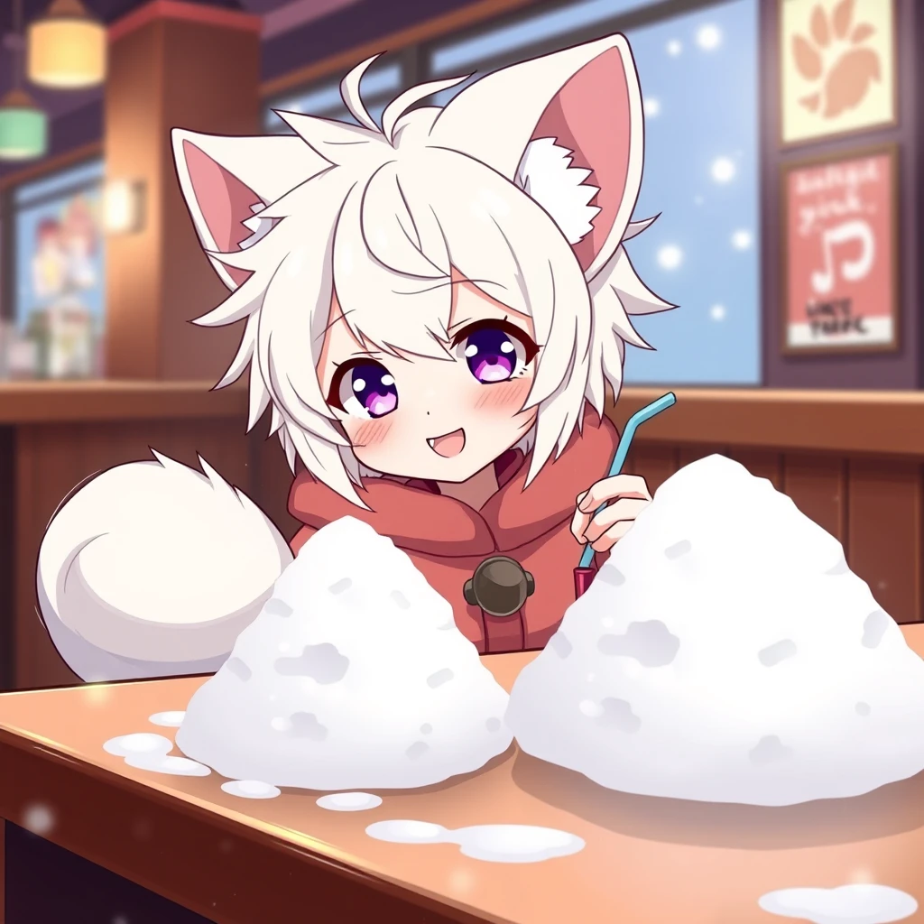 A cute anime girl with fluffy fennec ears and a fluffy tail, messy short white hair, and purple eyes is sitting at the table in a bar. On the table is a small mountain of snow. The girl looks at the snow with a big crazy smile and has a straw without a kink in her right hand. - Image