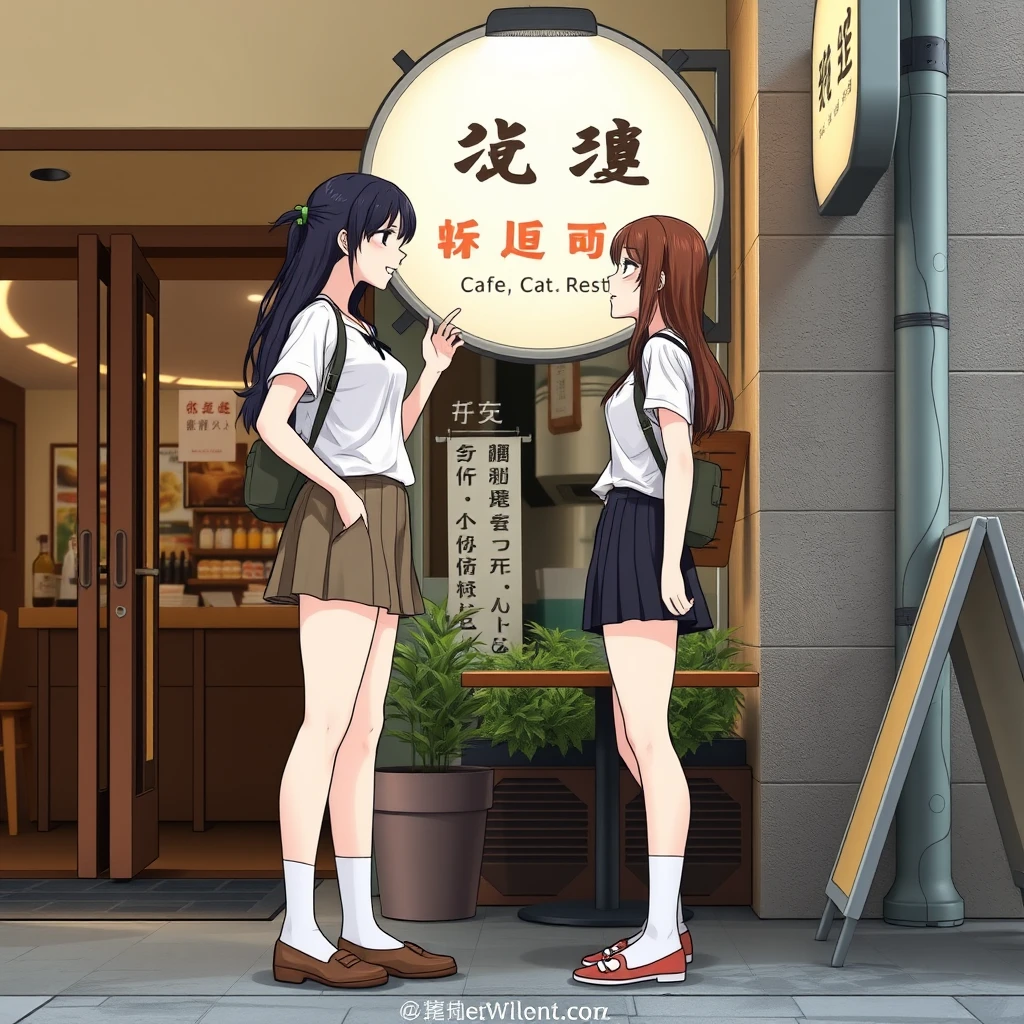 Two tall and slender female students are arguing outside a café. They are wearing skirts, and their socks are visible. There is a sign outside the restaurant, and the words on the sign can be clearly seen, including Chinese characters.