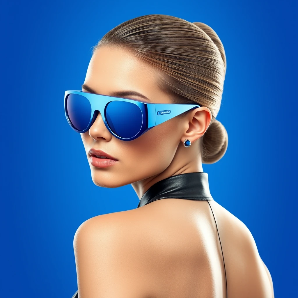 hyper realistic fashion portrait of beautiful woman wearing blue futuristic sunglasses, metallic design with circle on the lens, background is royal blue gradient, hair in low bun, sleek and straight back style, sleek shiny black leather outfit, sleek modern earrings, sleek high ponytail hairstyle, high resolution photography, hyper-realistic