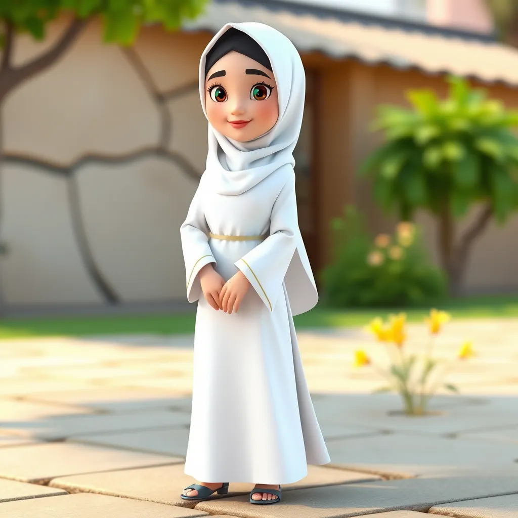 Create a 3D animated cartoon of a Muslim woman from Palembang wearing a long white gamis. The character should be highly detailed with 8K resolution. Focus on traditional Palembang features and cultural elements.