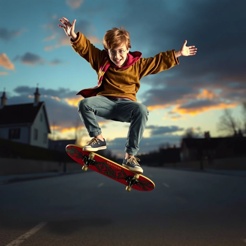 "Photo realistic: Harry Potter doing a backflip on a skateboard." - Image