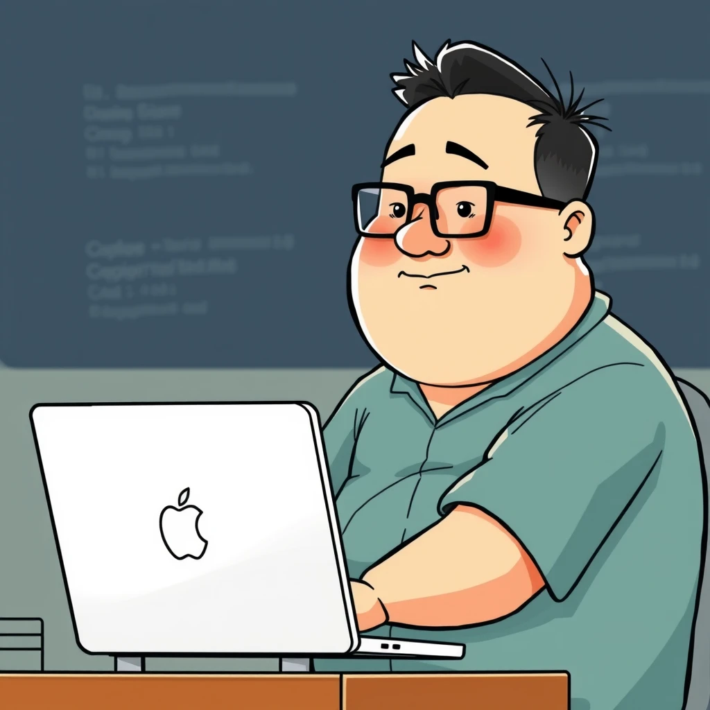 cartoon style
Chinese, fat, programmer, wear glasses, macbook - Image