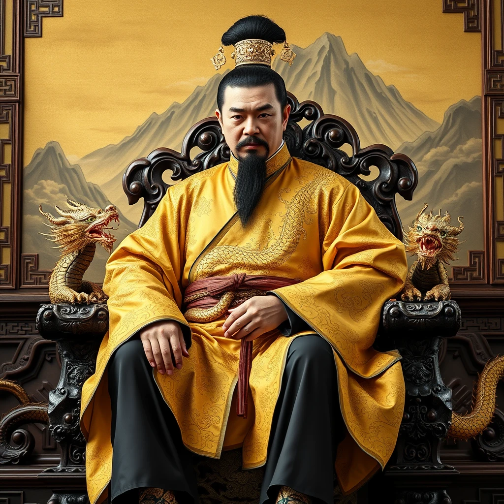 Character: A Chinese emperor, appearing to be in his late 40s, with a dignified and authoritative presence. He has a neatly trimmed black beard and mustache, and his black hair is pulled back into a topknot secured with an ornate golden hairpiece. His face is composed, with a hint of wisdom and weariness in his dark eyes. He is adorned in an elaborate golden dragon robe, intricately embroidered with detailed depictions of five-clawed dragons swirling amidst clouds and flames. The robe is cinched at the waist with a wide jade belt, and beneath it, he wears black silk trousers and embroidered shoes.  
Setting: He sits upon a magnificent dragon throne, crafted from intricately carved dark wood and adorned with gold leaf and precious gemstones. The throne is elevated on a dais, signifying his imperial authority. Behind the throne, a large, ornate screen depicts a majestic mountain landscape.  
Pose and Action: The emperor sits upright on the throne, his posture regal and composed. His hands rest on the elaborately carved armrests, his fingers adorned with jade rings. He gazes directly forward, his expression serene yet commanding.  
Lighting: Soft, warm light illuminates the scene, casting subtle shadows that accentuate the intricate details of the dragon robe and the throne.  
Details: Pay attention to the intricate details of the dragon robe, the throne, and the emperor's accessories. The dragons on the robe should be meticulously rendered, their scales and claws gleaming in the light. The emperor's expression should convey a sense of power, wisdom, and the weight of responsibility that comes with ruling an empire.  
Overall Style: Realistic and detailed, capturing the grandeur and opulence of the Chinese imperial court. The scene should evoke a sense of history, tradition, and the absolute power of the emperor. - Image