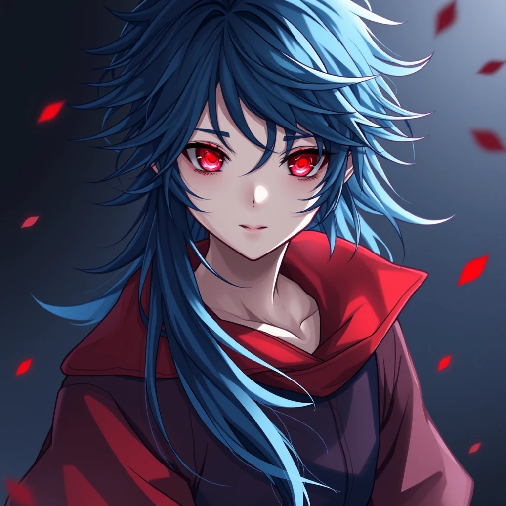 1 boy, cute boy, 8k, best quality, good quality, masterpiece, (stunning dark blue long hair: 1.2), (hair dark red underlight: 1.3), (heterochromia) ((dark blue left eye: 1.3)) and ((red right eye: 1.3)), (dark theme: 1.3), (dark atmosphere: 1.3), wild hair, glowing eyes, high resolution, slim waist, hair messy, ((red and dark blue clothes)). - Image