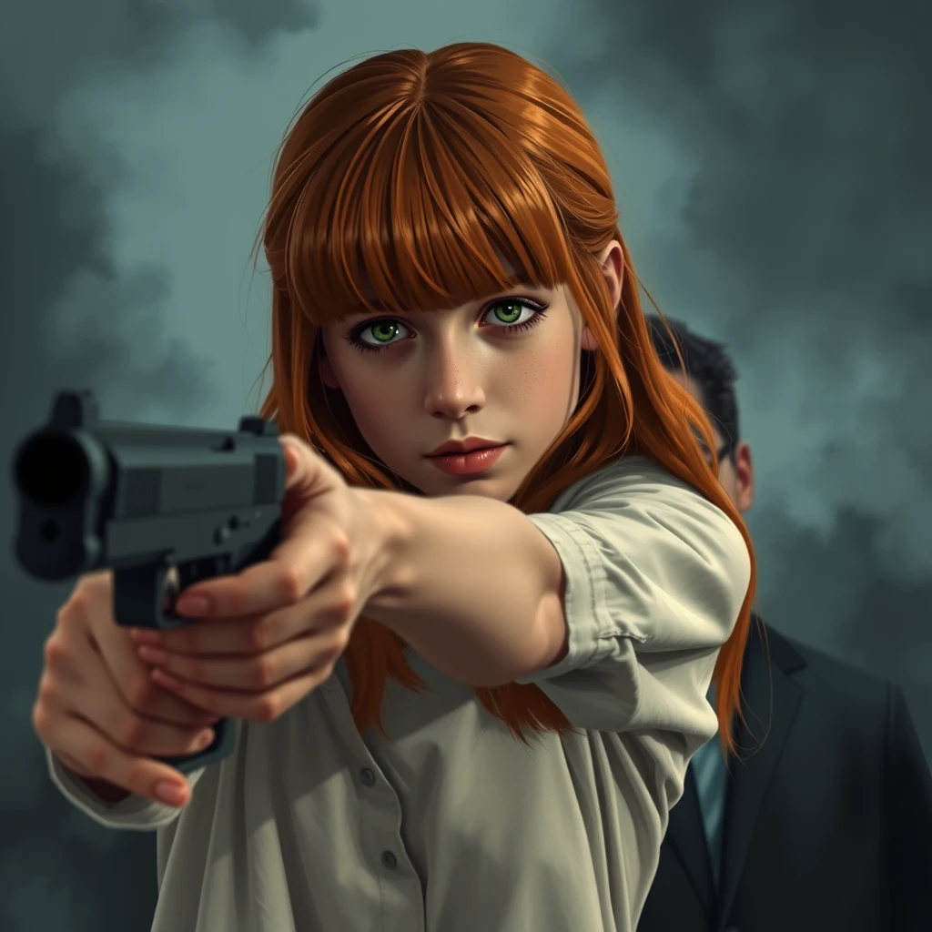 A death scene; a short, skinny teenage girl with long ginger hair and bangs, green eyes, shooting and killing a young, skinny, tall Italian white man who wears glasses. - Image