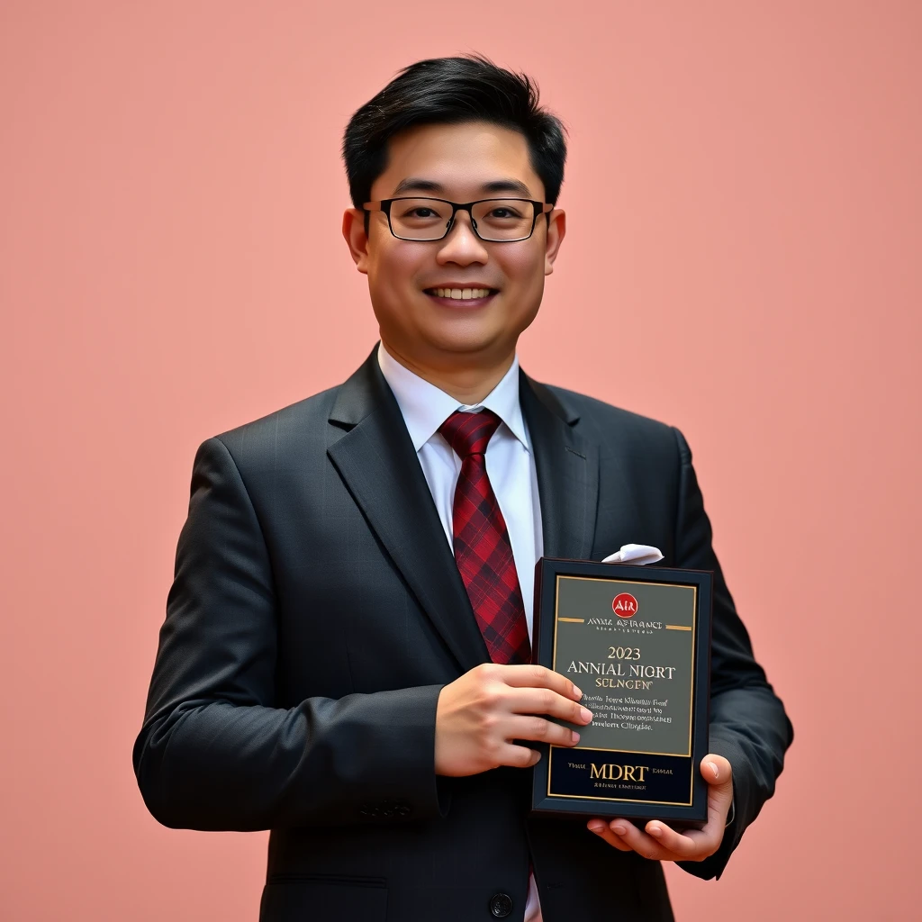 Generate a realistic photo of a Chinese male insurance agent from AIA. 35 years old, posing for his full body portrait photo at the 2023 annual award presentation night as he receives his MDRT recognition. - Image