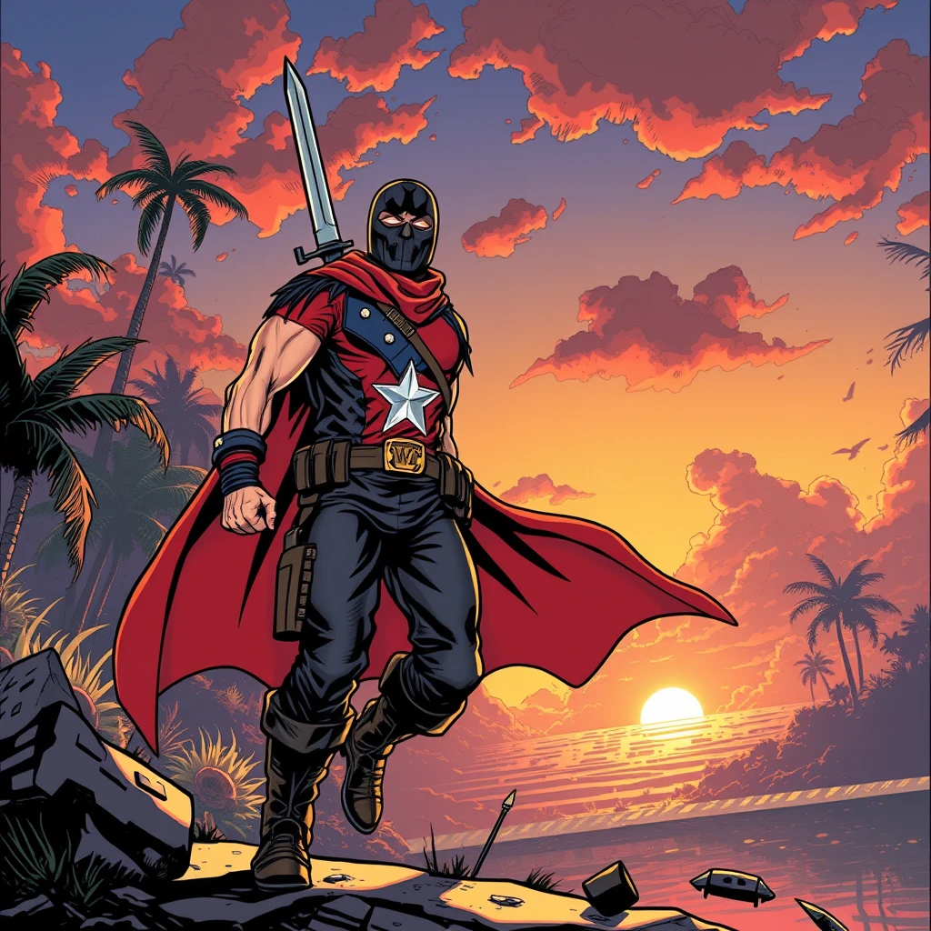 As the sun sets in Puerto Rico, a superhero emerges, machete emblem shining. With purpose, they patrol, ready to defend their homeland from any threat. Comic style, art by Todd Mcfarlane.