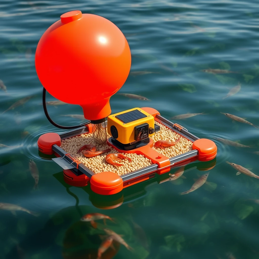 Smart floating feeding system in shrimp aquatic farm, that senses shrimp presence and navigates autonomously there to dispense the food grains, powered by solar panels and can be deployed remotely.