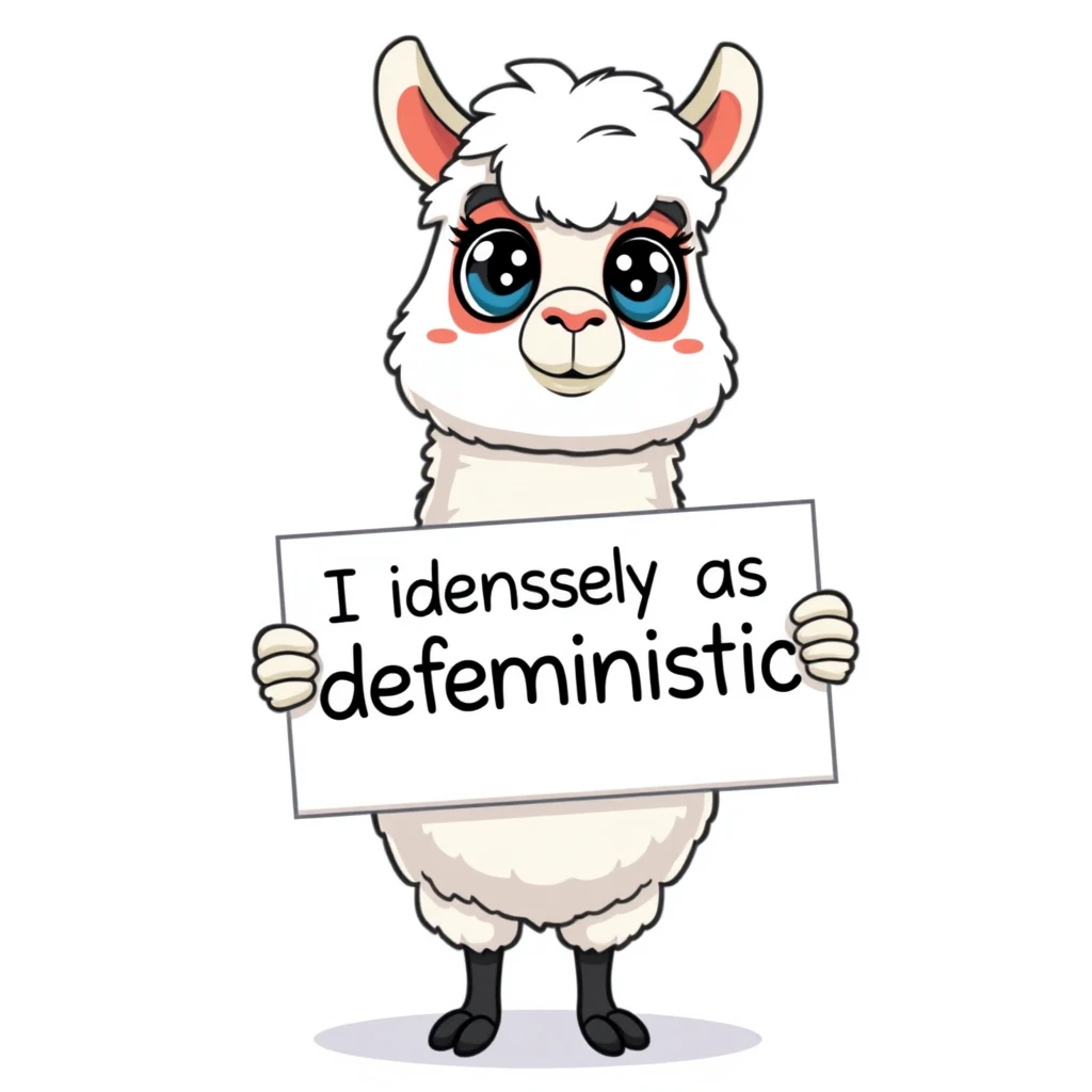 Cartoon llama holding a placard that says "I identify myself as deterministic," digital art style, vibrant colors, humorous expression, white fluffy llama with big eyes, placard held by hooves, clean lines, playful design, against a simple background. - Image