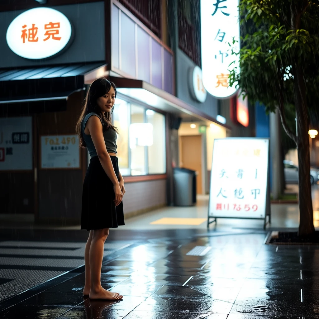 In the evening, a young woman is outside a restaurant, it is raining, she is not wearing shoes, she is getting wet from the rain, there is a sign outside the restaurant, and the words on the sign are clearly visible, in Chinese characters or Japanese.