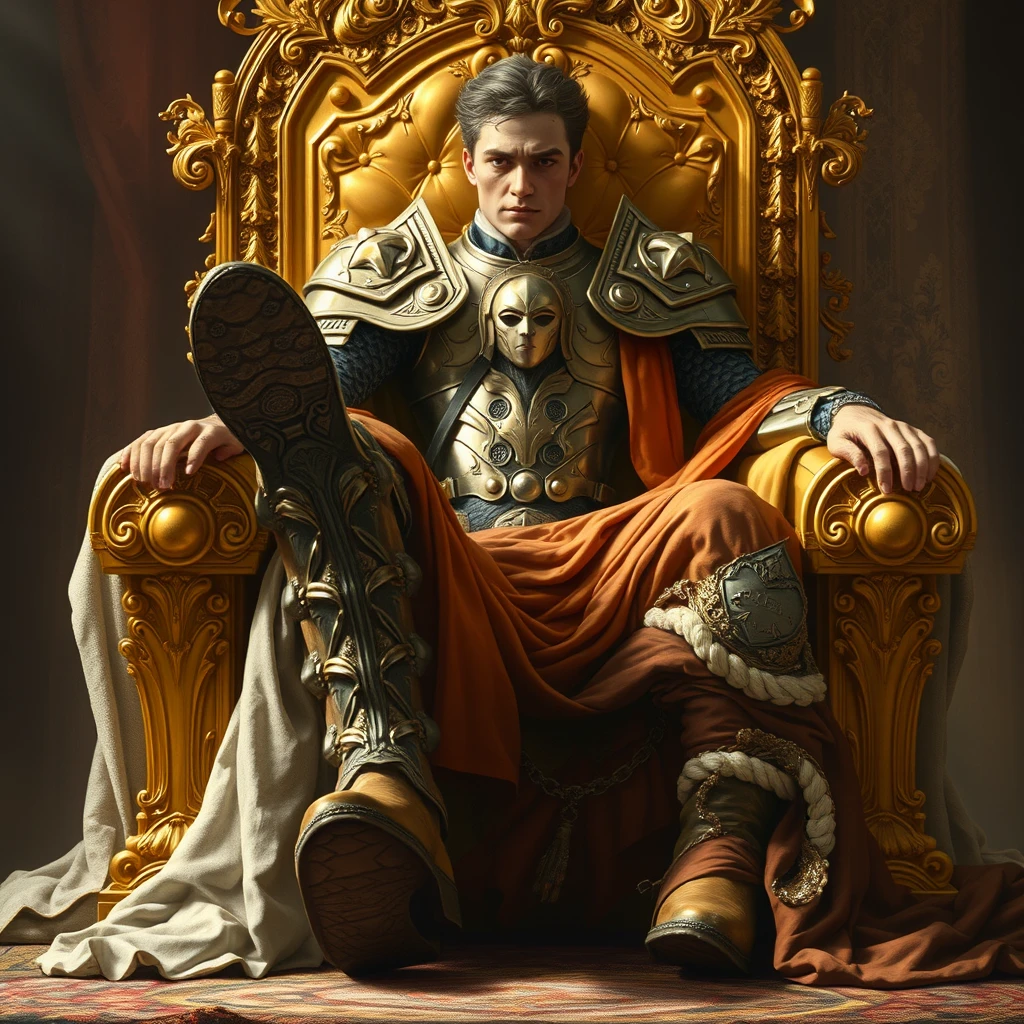 The scene is one of brutal triumph and subjugation, rendered with stark realism and meticulous detail. A powerful usurper, clad in gleaming, intricately-wrought armor, sits upon the golden throne with an air of arrogant dominance. His features are handsome, yet hardened, his gaze cold and calculating as he surveys his conquest. The rich fabrics of his stolen royal robes drape around him, a stark contrast to the humiliated figure at his feet. The rightful king, still adorned in the remnants of his regal attire, kneels in abject defeat, his head bowed beneath the usurper's heavily-booted left foot. The pressure of the boot is palpable, a physical manifestation of the king's utter powerlessness. Every detail, from the intricate carvings on the throne to the subtle glint of malice in the usurper's eyes, speaks of the ruthlessness of ambition and the brutal realities of power seized. - Image