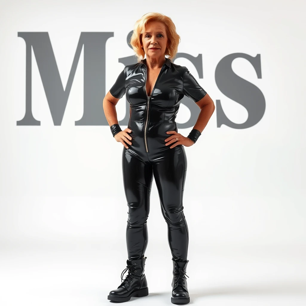 Extra wide shot of a 50-year-old woman with short, wavy blond hair and a round face wearing a skin-tight, very reflective metallic black latex catsuit standing up, small breasts, legs apart, white background, shiny black army boots, large silver zipper on the catsuit, muscular arms, hands on hips, raunchy, sexy, the text "Miss O" in large black letters in the background.