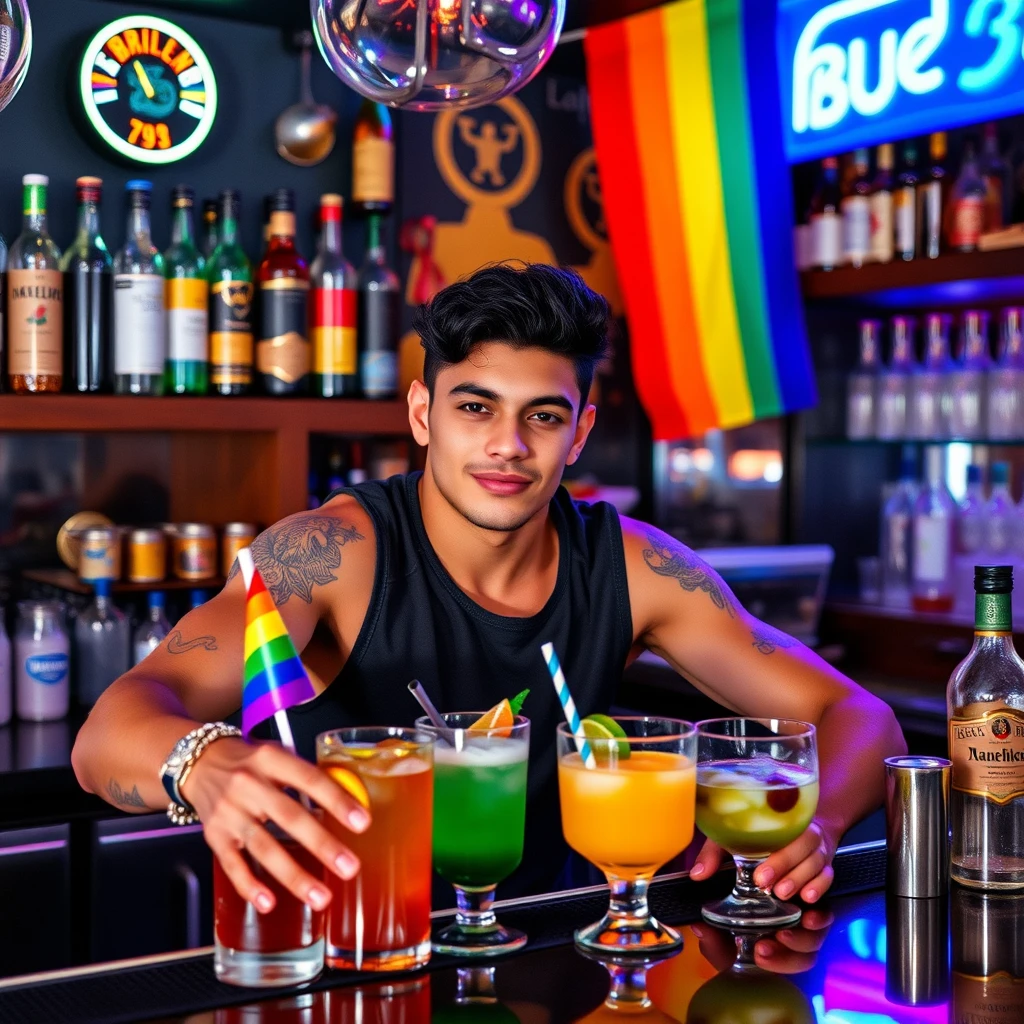 young strong northeastern Brazilian LGBTQ+ boy working as a bartender in an LGBTQ+ bar setting, serving colorful drinks, with rainbow flags.