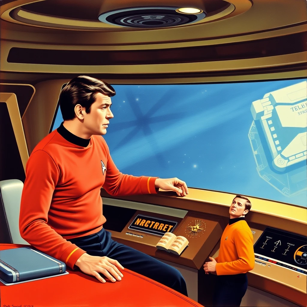 Captain Kirk talks with Mr. Spock on the bridge of the Enterprise NCC-1701, as painted by Arthur Sarnoff 1965.