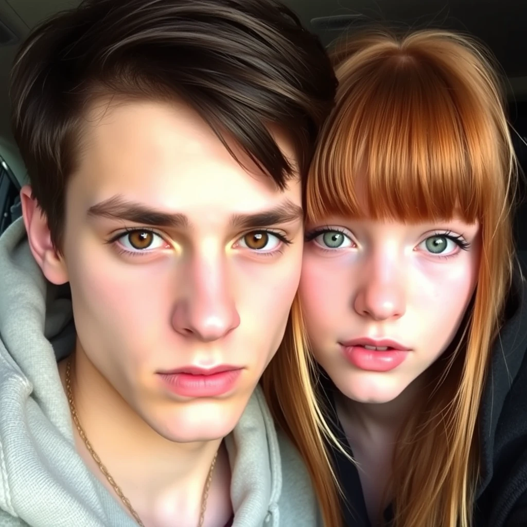 Young guy, long dark brown hair parted in the middle, sharp facial features, pale skin, light brown eyes, thick eyebrows, long eyelashes next to a cute white ginger girl, pink lips, green eyes, and bangs.