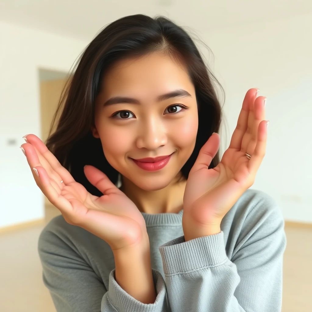 Asian woman holding hands out in an empty room with a white background.