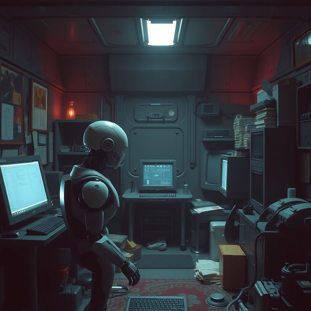 Futuristic sci-fi, a robot facing a computer, dim room, weak light source, cluttered objects, 16:9, vista, see the whole room from a corner of the room.