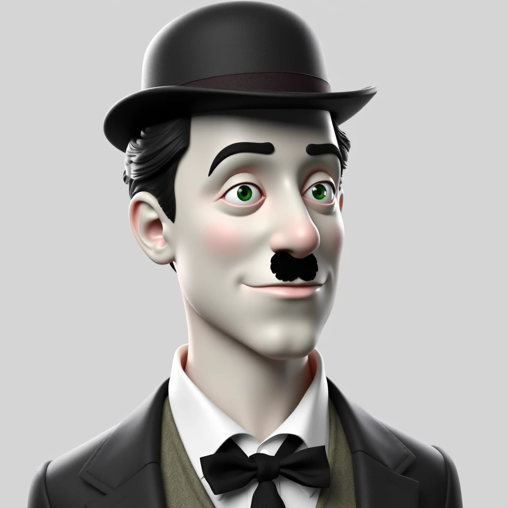 Create a high-resolution 3D image of Charlie Chaplin in semi-formal attire.