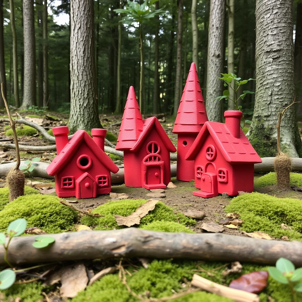 Big Evil red houses made from modeling clay in the natural forest.