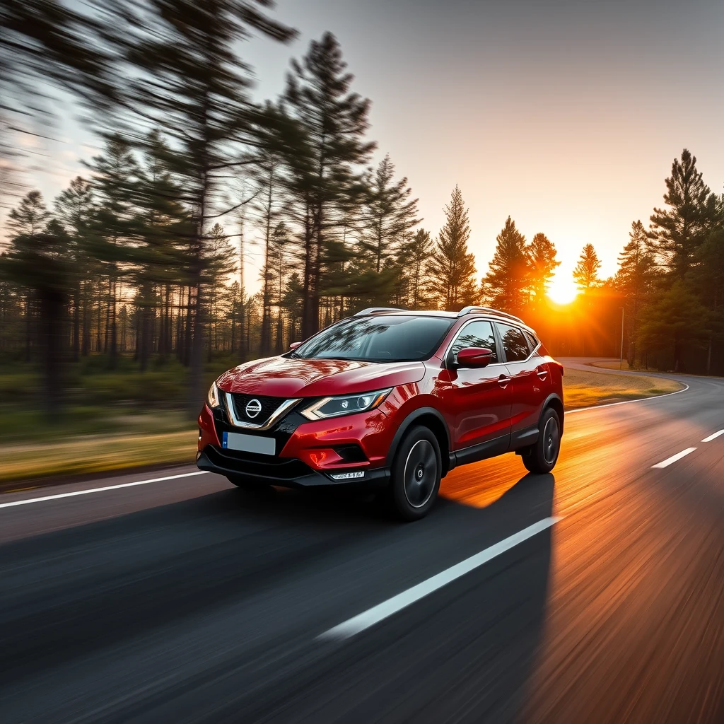 A Nissan Qashqai driving at high speed through a forest at sunset.