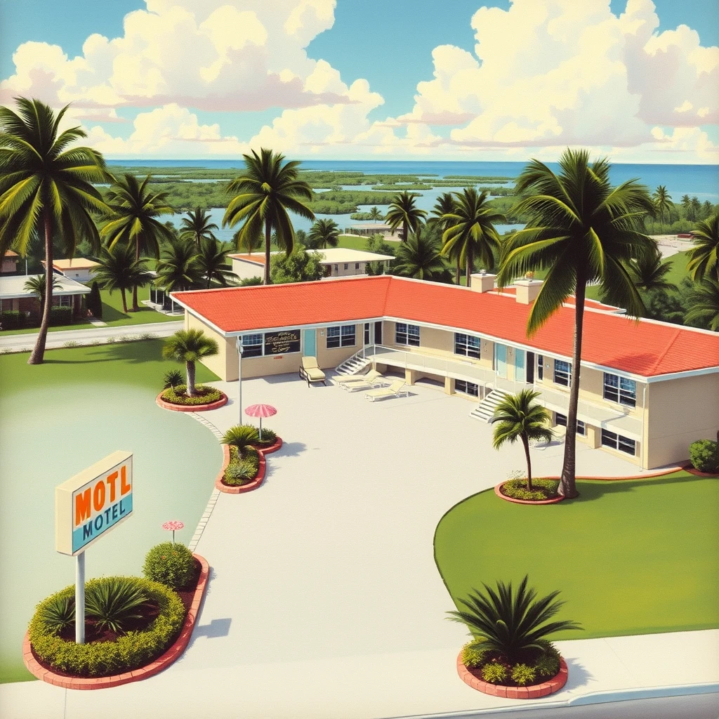 A Miami Florida Motel postcard from 1956, as painted by Arthur Sarnoff, wide, landscape view.