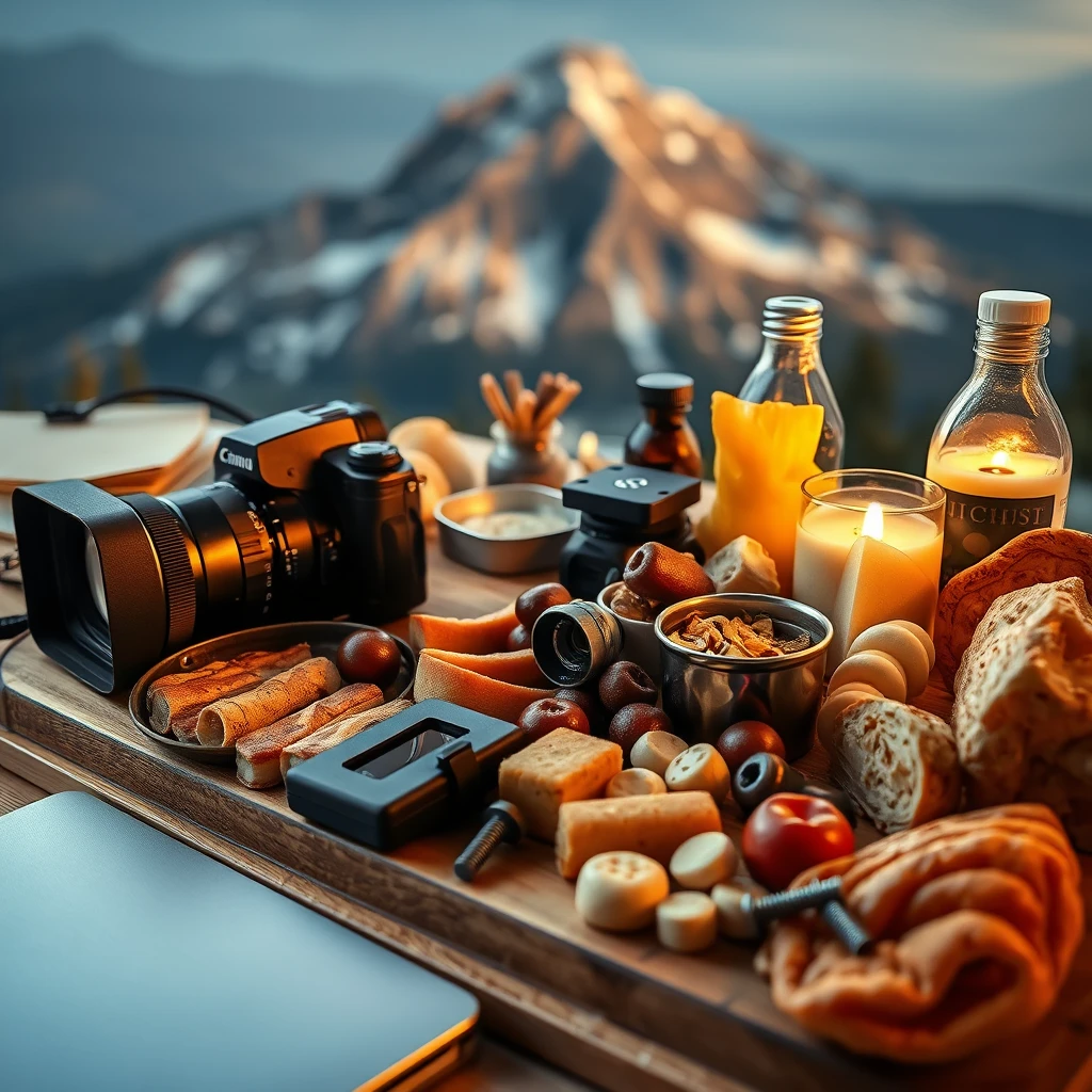 A Bavarian snack board with many different delicacies that look like food but are actually tools needed to make a film. Such as camera, laptop, screws, notes, light, etc. In the background, there is a large mountain in a dramatic lighting situation.