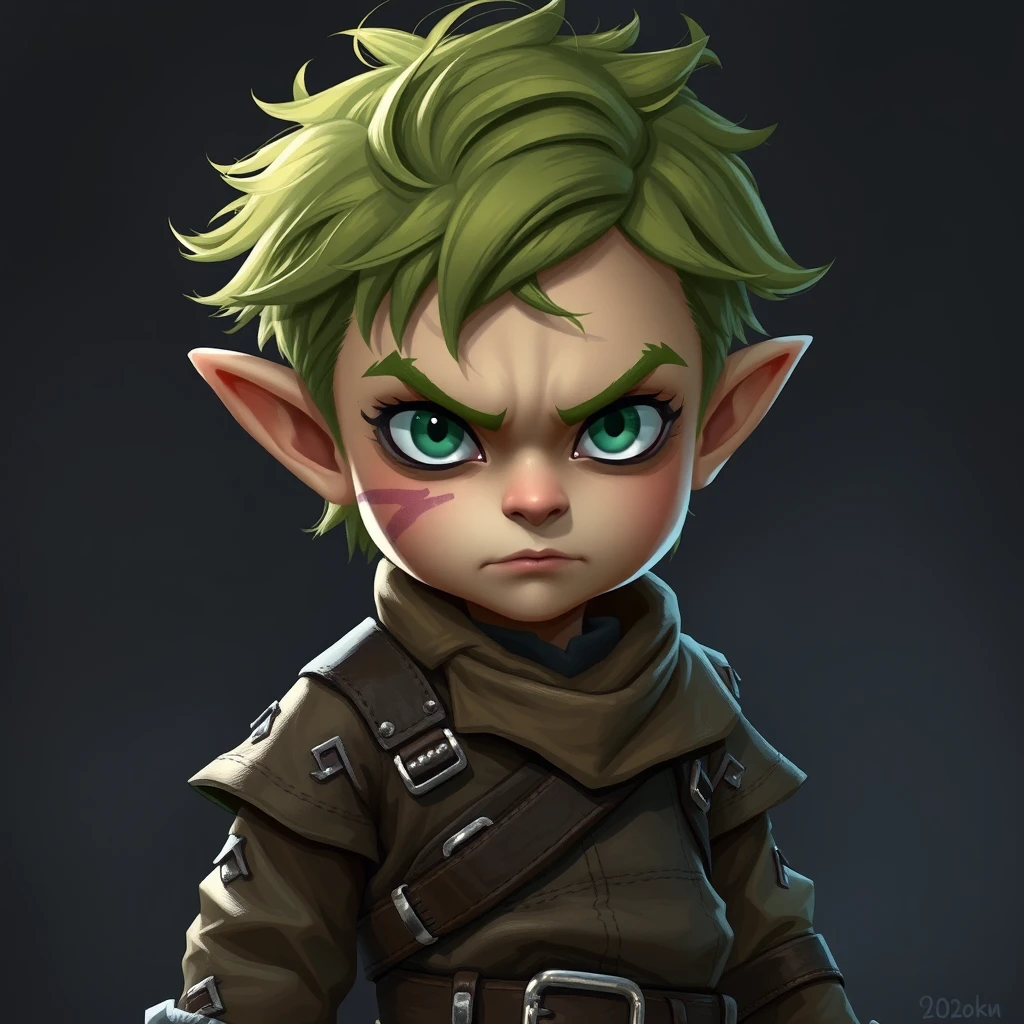 A small green-haired halfling in a leather adventurer's outfit with a bruise on one cheek and a rough and untrustworthy atmosphere.