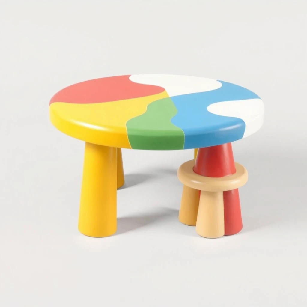 A playful and soft padded multicolor table, small table, multicolor table, 3D view.