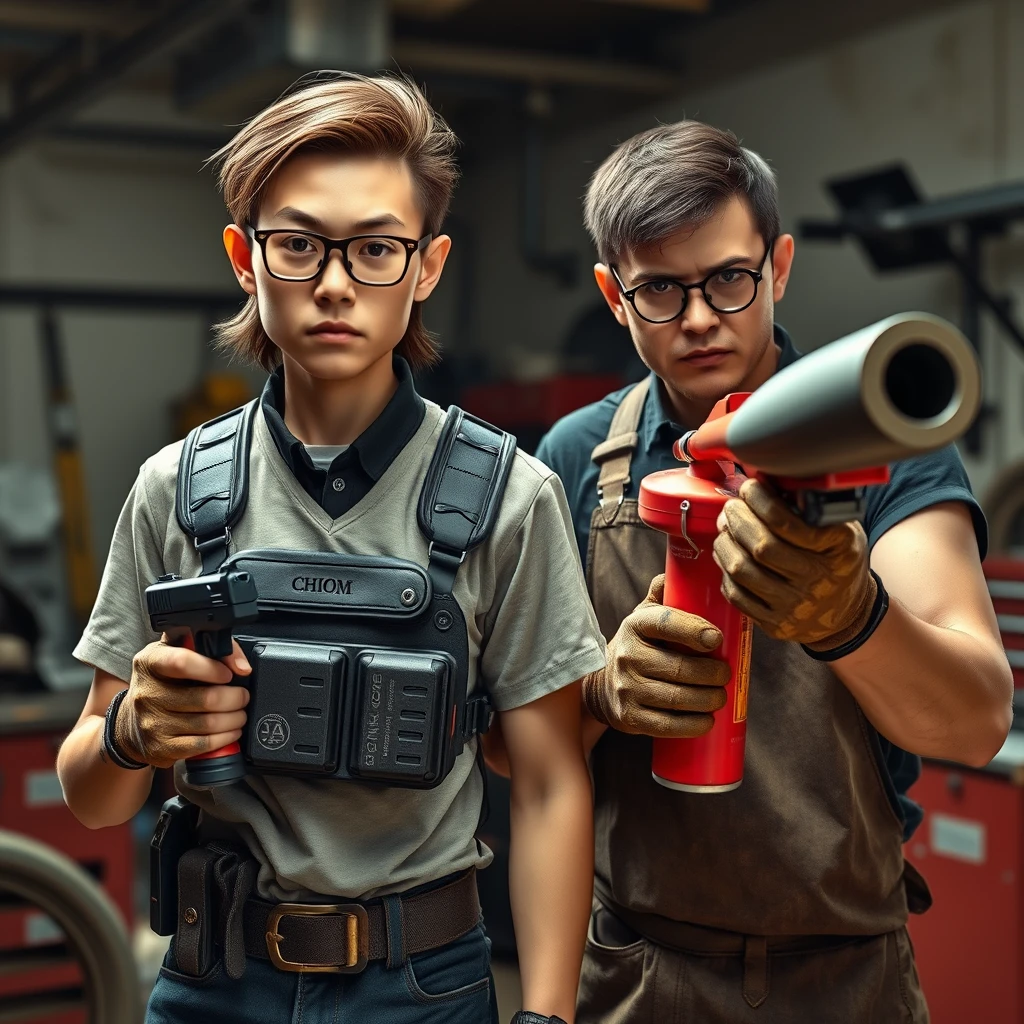 21-year-old white, thin, long-faced young adult Northern Chinese man with a square chin, wearing square glasses, holding a pistol, with medium/long length hair, and wearing a Chicom chest rig; 21-year-old Caucasian Italian man wearing round glasses and short hair, holding a very large fire extinguisher flamethrower, wearing a welding apron and gloves; in a garage setting; both looking angry.