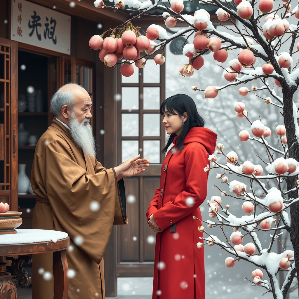 In the quaint traditional Chinese medicine clinic, an elderly man in a daoist robe takes the pulse of a young woman in red, while outside the clinic, pear flowers are in full bloom and snow is falling heavily.