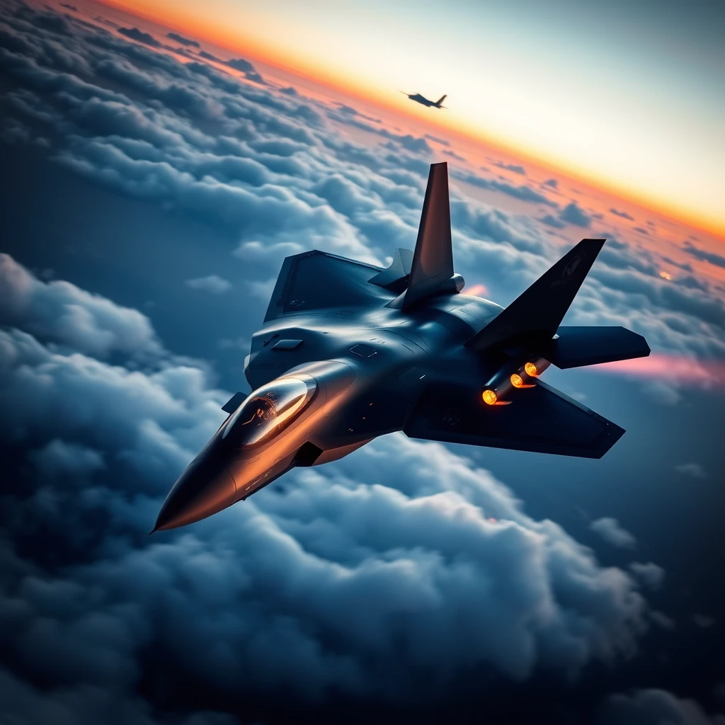 F-22 fighter jet mid flight, dawn - Image