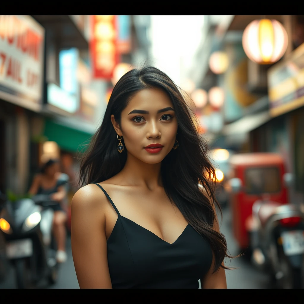 Immerse yourself in the captivating portrait of a stunning Thai woman in the enchanting streets of Bangkok. This cinematic photoshoot, meticulously crafted, showcases her beauty with precision. Shot on a 25mm lens, the depth of field and tilt blur create a compelling narrative. With settings like a 1/1000 shutter speed, F/22 aperture, and calibrated white balance, the breathtaking 32k resolution reveals remarkable details. Super-resolution preserves nuances, while Pro Photo RGB enriches colors. Lighting techniques, from half rear to backlighting, accentuate elegance. Volumetric, Conte-Jour, and global illumination add depth. Scattering, reflections, and artistic elements enhance realism. Technical advancements like anti-aliasing and ambient occlusion refine quality. Prepare for an extraordinary blend of photography and CGI, where intricacy meets grace. - Image