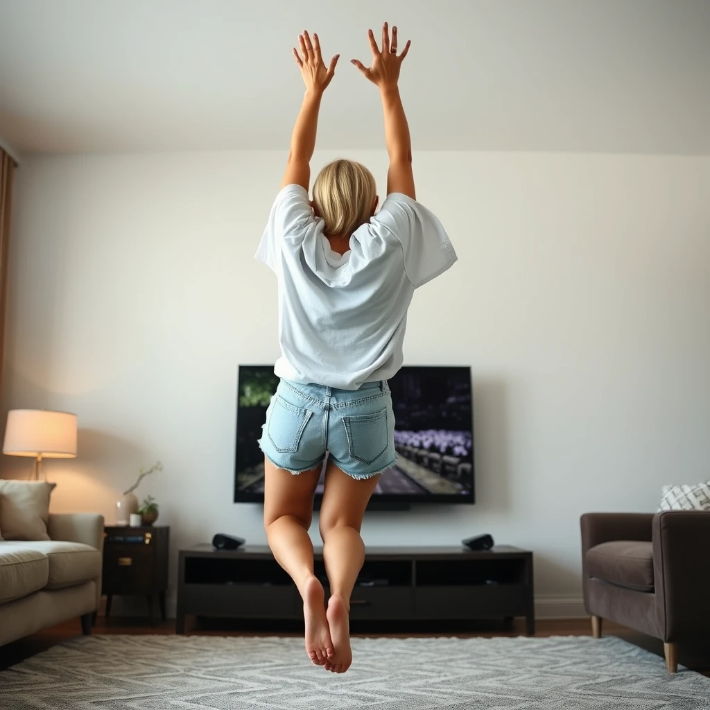 Side view angle of a skinny blonde woman in her large living room, wearing an extremely oversized white t-shirt that is off-balance on one sleeve. She is also wearing oversized light blue denim shorts, with no shoes or socks. Facing her TV, she dives headfirst into it, arms raised below her head and legs high in the air, positioned at a 60-degree angle, already halfway through the TV screen.