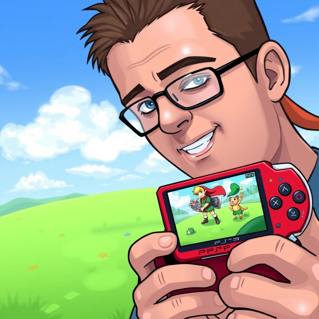 A man plays Pokémon and Zelda on a red PSP.