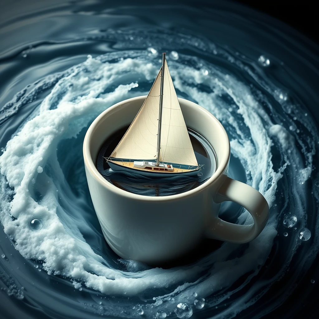 A sailboat in a whirlpool that is in a small coffee mug.