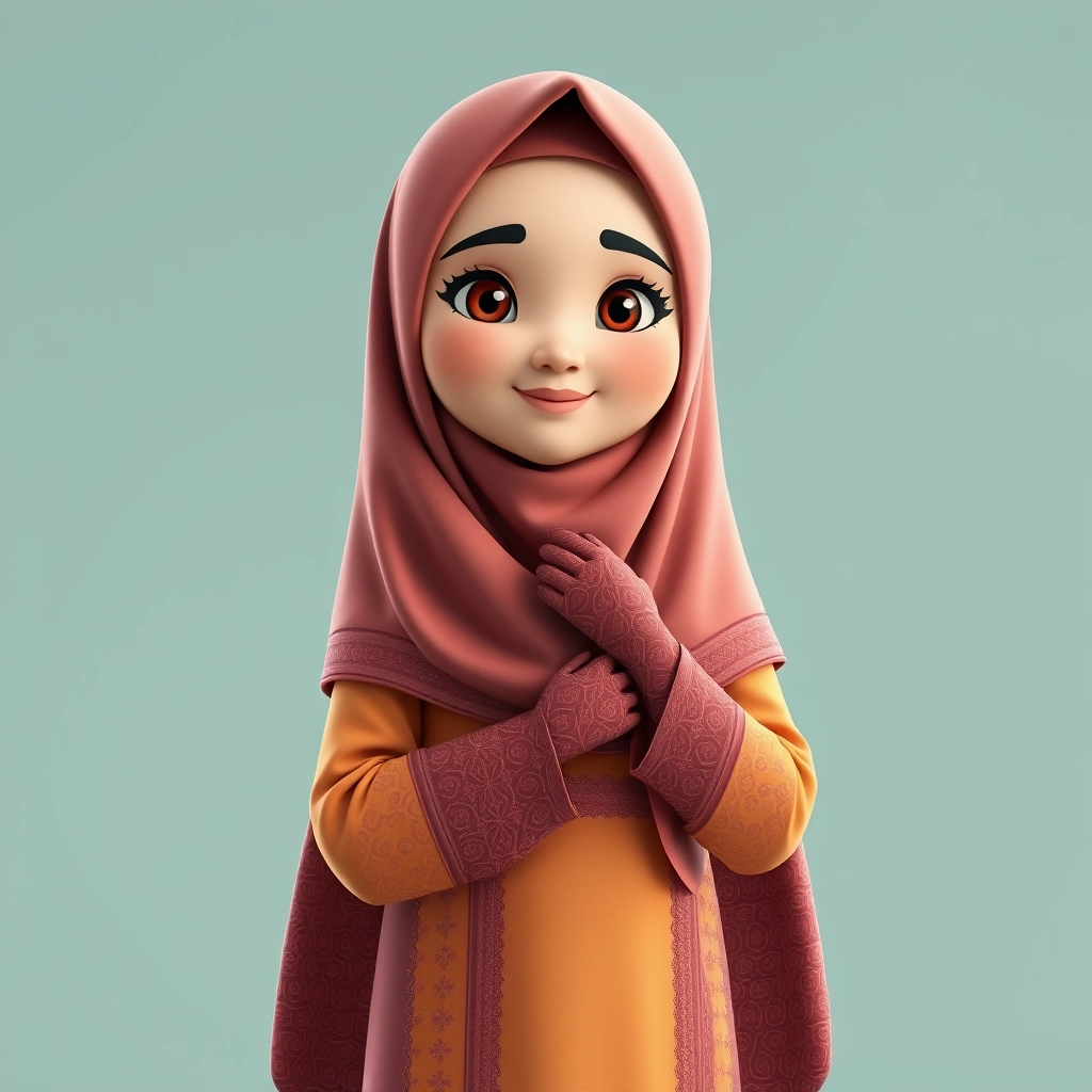 A 3D, 8k animated cartoon depiction of a Muslim woman from Palembang, wearing a traditional long songket and a long gown (gamis). She is adorned with a hijab that covers her chest and wears batik gloves covering her hands.