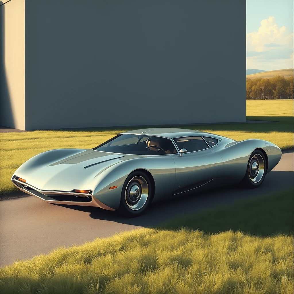 Corner view, a retro-futuristic sports sedan concept, a painting by Syd Mead, sleek, country setting. - Image