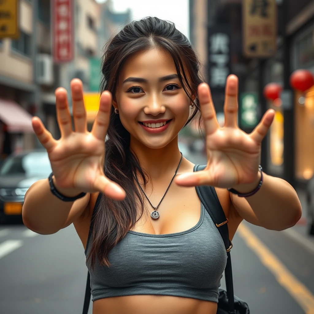 Asian woman holding hands out in the middle of the street, perfect figure, intricately detailed body, perfect face, perfect eyes, perfect teeth, perfect body, athletic body, muscular arms, 6-pack abs, fit and muscular, epic, accessories, 8k, high-detail, sharp focus:1.1, vibrant colors:1.3.