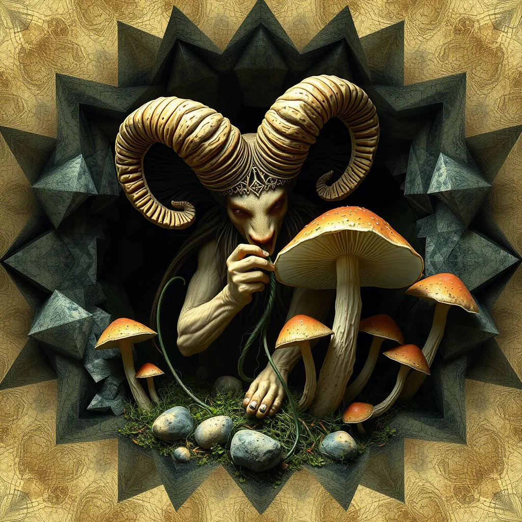 Satyr eating mushrooms and breaking through to another dimension full of geometric fractal patterns, HD photography.